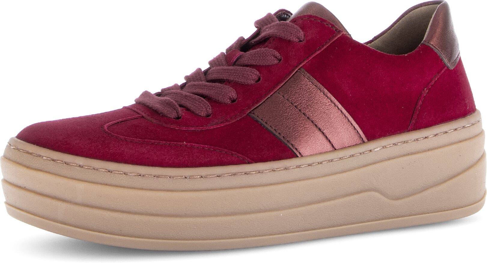 Plateausneaker GABOR, Damen, Gr. 42, rot (bordeaux), Kalbsleder, Ziegenveloursleder, Schuhe Plateausneaker, Schnürschuh, Freizeitschuh, Halbschuh mit Besatz in Metallicoptik bordeaux 42