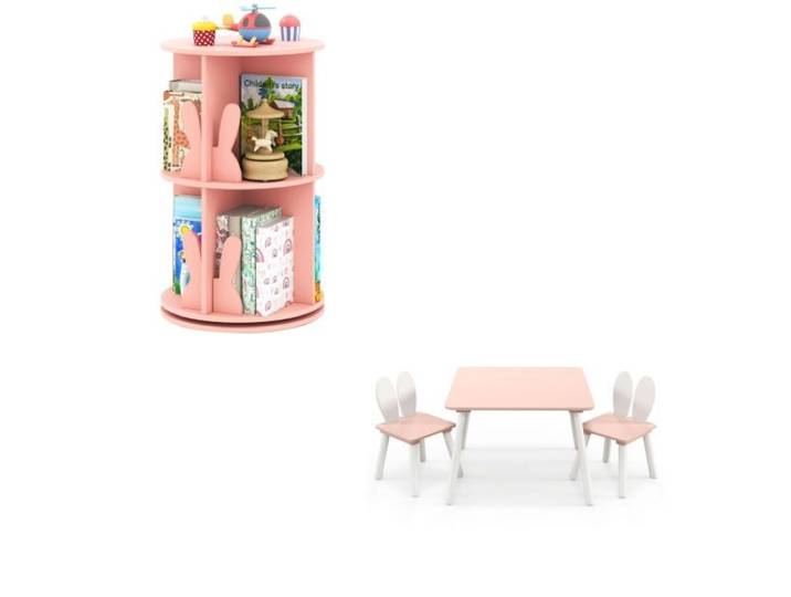 360° Draaibare Kinderboekenkast en Roze Tafel- en Stoelenset Draaibare Boekenkast met Twee Niveaus en Houten Tafel- en Stoelenset
