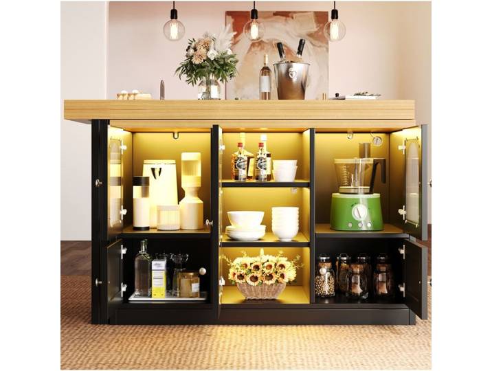 ROVRYN Buffet extensible pivotant 360° avec LED RGB table et îlot de cuisine MDF noir