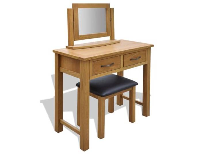 HKQWPBF Frisiertisch mit Hocker Massivholz Eiche, Schminktisch mit Spiegel Natürliche Eichenfarbe, Kunstlederpolsterung, abgerundete Kanten, Sperrholz-Rückseite, robust