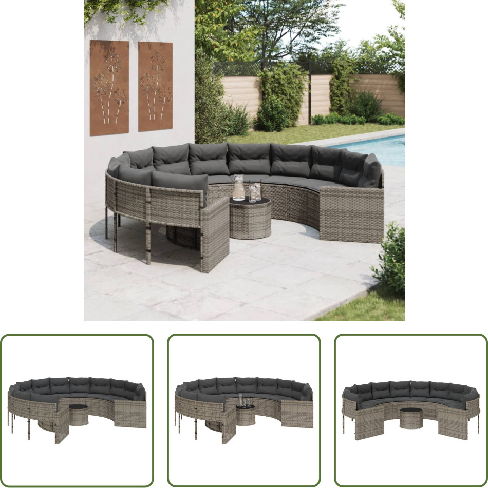 The Living Store Gartensofa mit Tisch und Kissen Rund Grau Poly Rattan