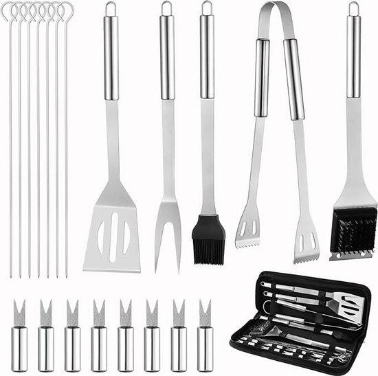 Hoogwaardige roestvrijstalen BBQ-set met thermometer en koffer in het zilver, modern ontwerp