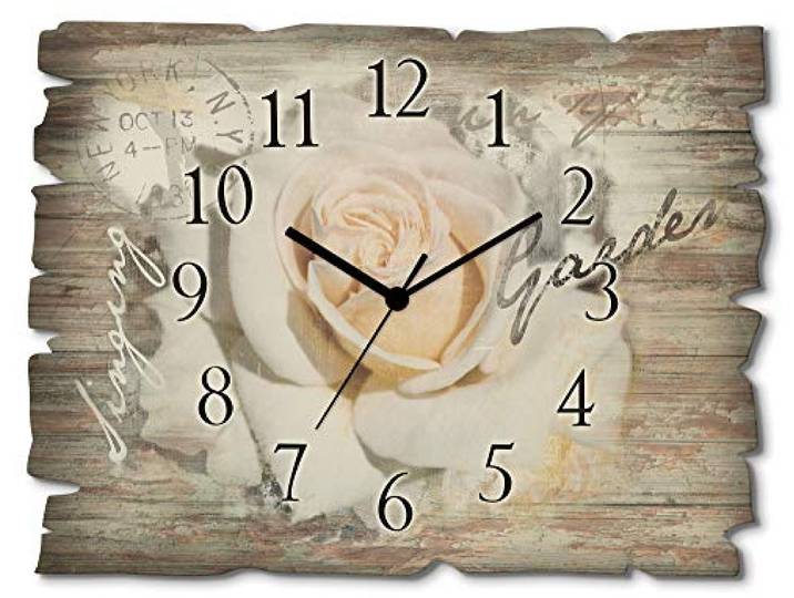 ARTLAND Wanddeko Wanduhr ohne Tickgeräusche aus Holz Funkuhr 40x30 cm Rechteckig Lautlos Blumen Rose Blüten Text Elegant Originell T5GJ