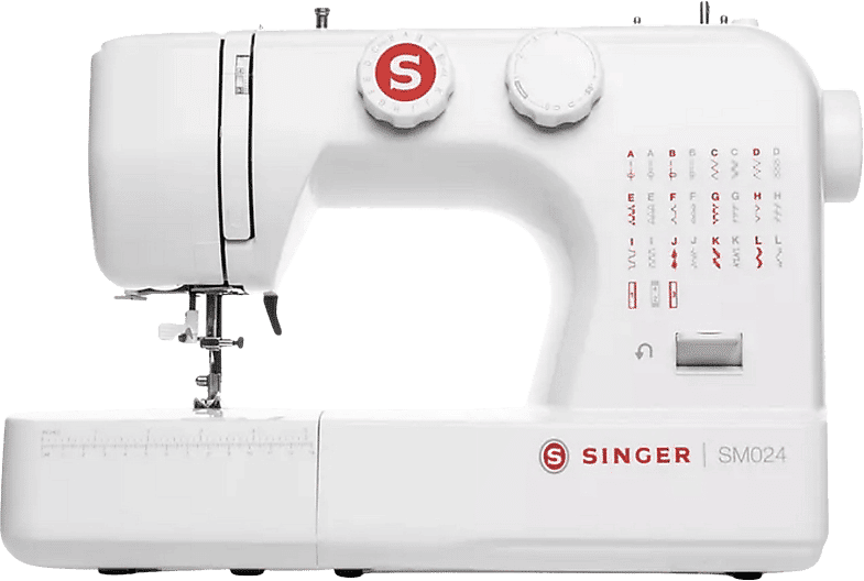 Máquina de coser - Singer SM024-RD, 24 Puntadas útiles, Luz LED, Enhebrador automático, Blanco/Rojo