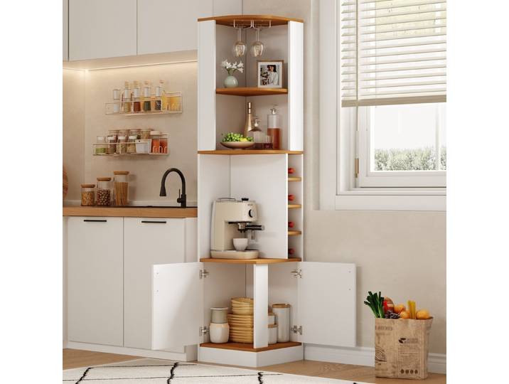 REDOM Eckschrank Moderner Eck-Weinschrank (182cm hoch mit Holzoptik, Schranktüren, offenen Regalen und kompakter 40×40cm Stellfläche zur optimalen Raumnutzung, 1-St., 40×40×182cm)