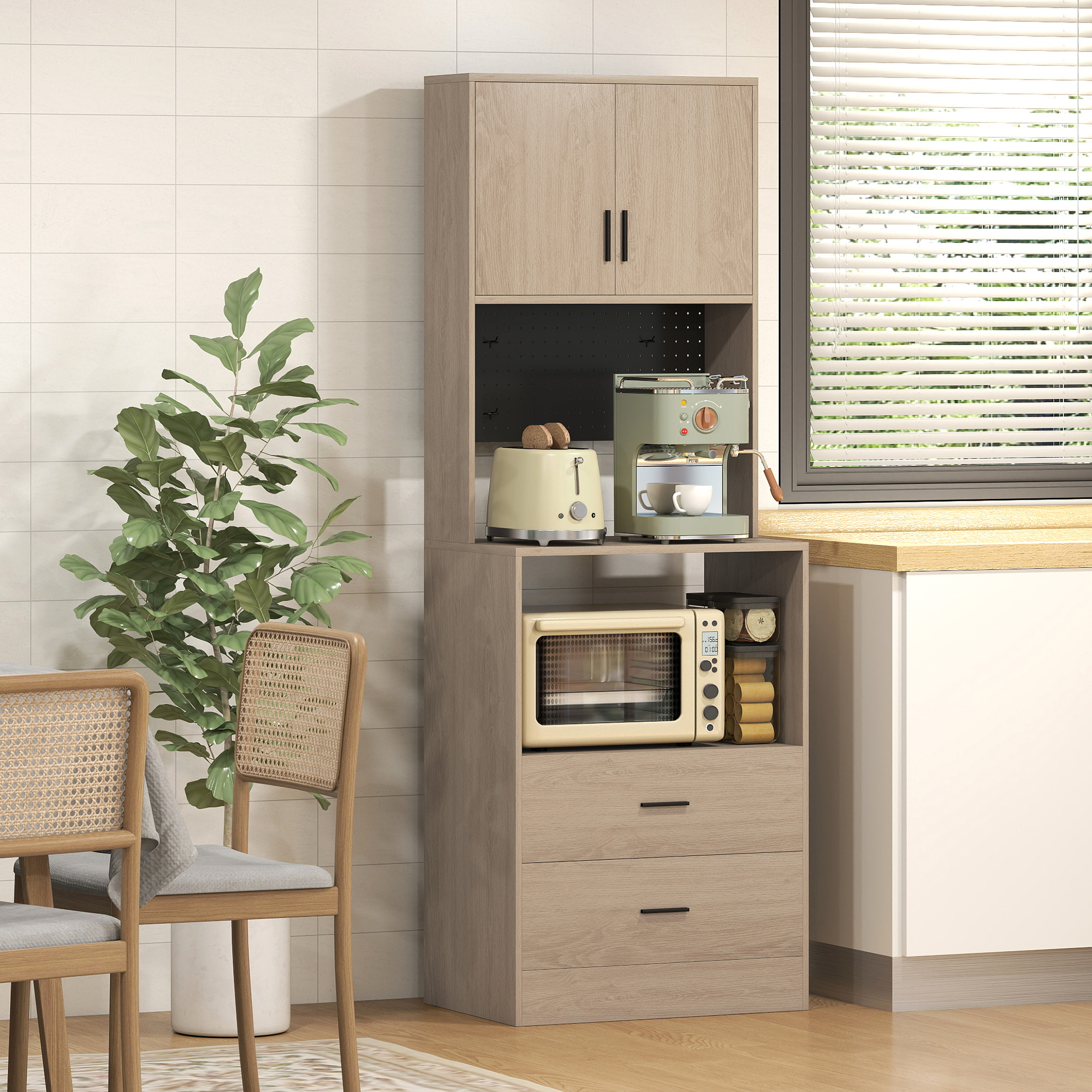 Homcom Mobile microonde con 2 cassetti, 2 ante, pannello forato e ganci, Legno naturale   Aosom Italy