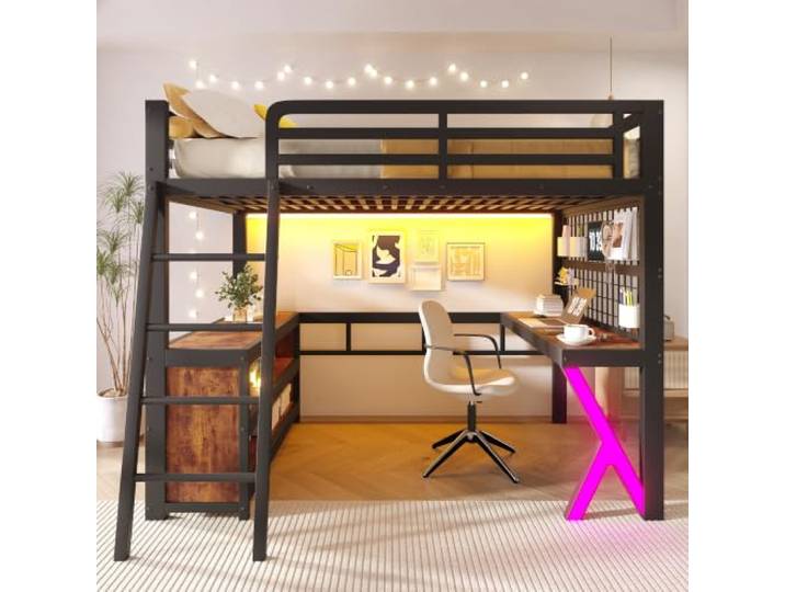 BTM Hochbett Jugendliche 140x200 mit Stauraum, Schreibtisch & LED Schwarz