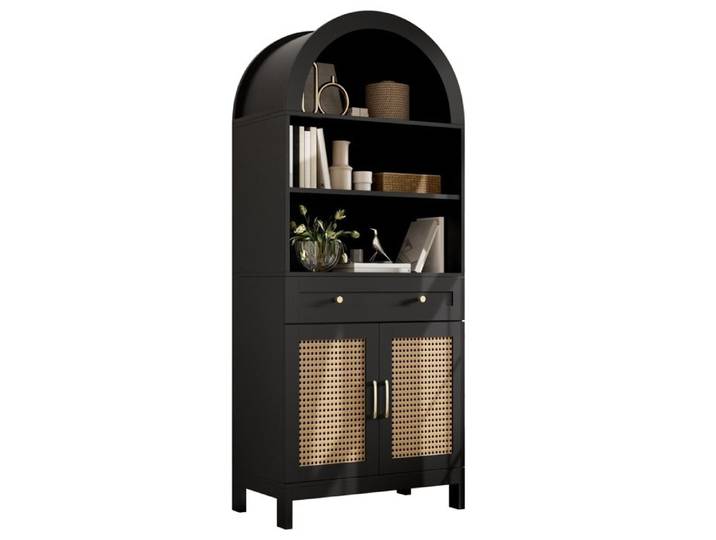 Buffet Cuisine Haut Vaisselier avec Portes en Rotin 3 Compartiments Ouverts 2 Portes 1 Tiroir Haut Armoire de Cuisine Noir
