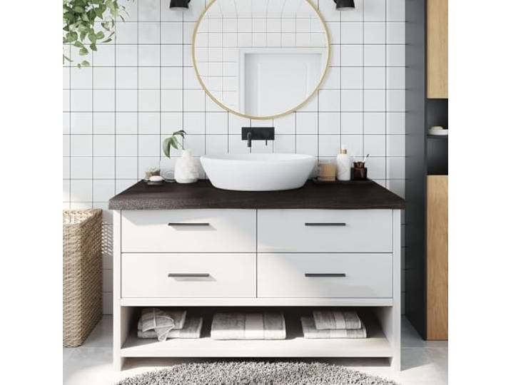 Waschtischplatte Dunkelbraun 100x50x(2-6)cm Massivholz Eiche Naturkante Massiv Eiche, dunkel lackiert, Naturkante, sofort nutzbar, flexibel als Regal oder Tisch