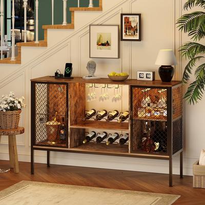 "Garvee Wine Bar Cabinet with LED Lights & Power Outlets – 47"" Wood Liquor Storage, Doors, Glass Holders, Shelves"