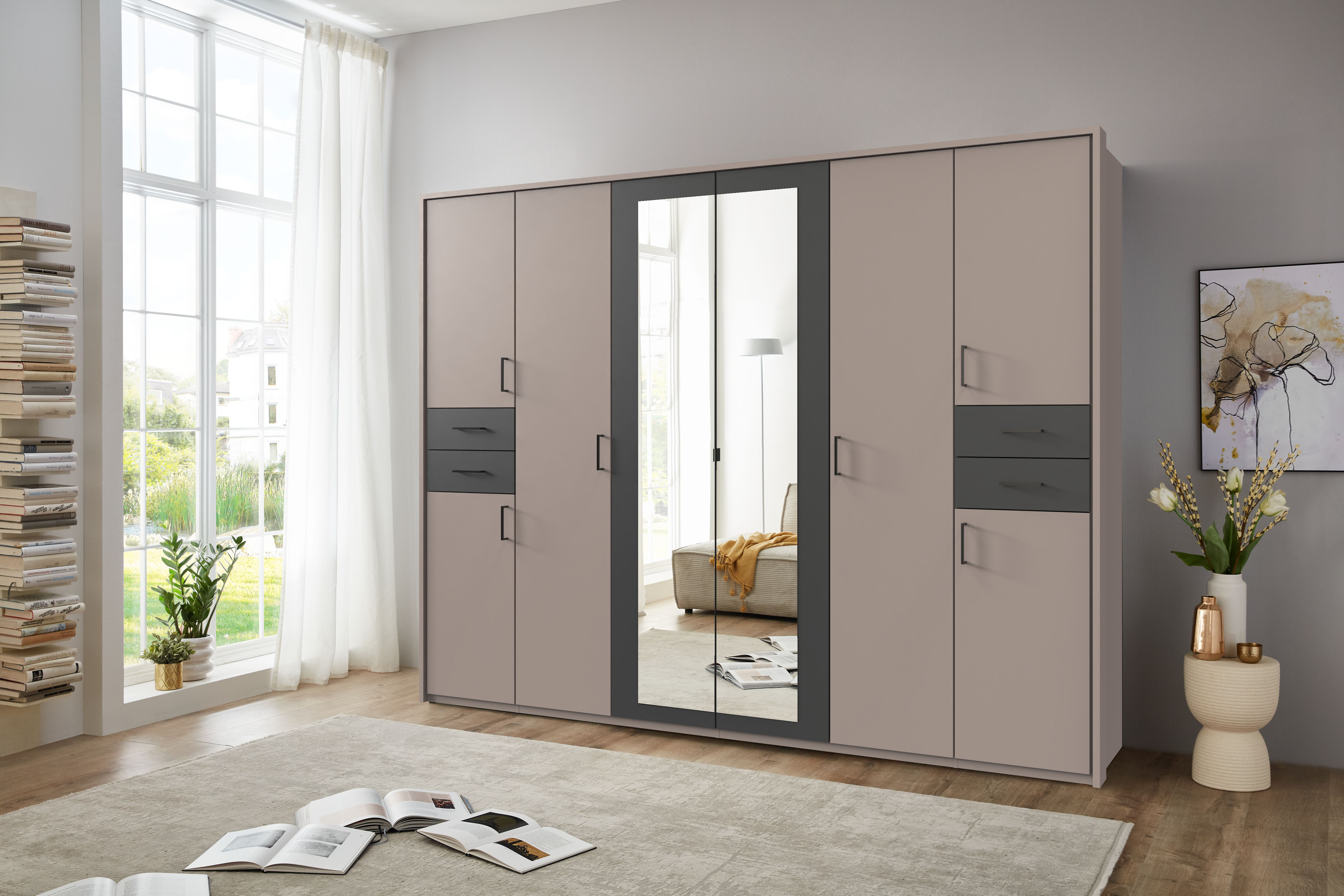 Drehtürenschrank WIMEX "Vegas", schwarz (saharagrau, graphit, griffe schwarz), B:273cm H:210cm T:58cm, Holzwerkstoff, Schränke, Drehtürenschrank, inklusive Passepartout-Rahmen, mit Spiegeltüren und Schubladen saharagrau, graphit, griffe schwarz B/H/T: 273