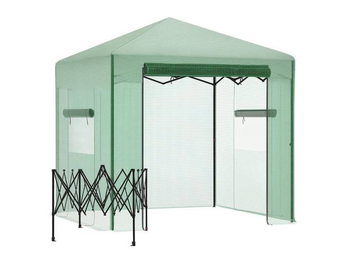ComfortXL Gewächshaus De-05739 Faltbar, mit Tür & Fenstern zum Aufrollen Dunkelgrün, Grün, Metall, Kunststoff, 178x240x238 cm, Gartenzubehör, Gartenhäuser & Gewächshäuser