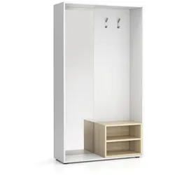 Garderobenwand BORDER mit Schuhschrank und Spiegel, 2 Kleiderhaken, Weiß/Eiche natur