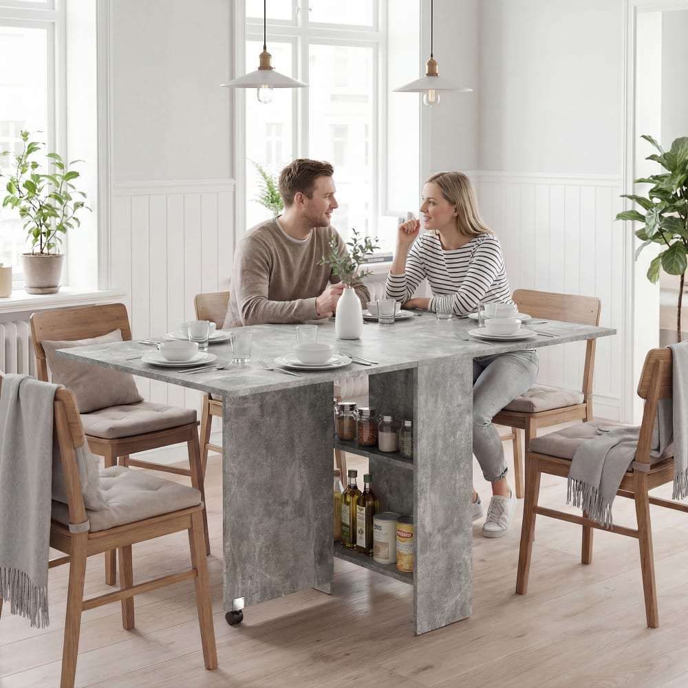 Homcom Table pliante sur roulettes 4 personnes 2 étagères effet béton ciré Gris 75x74x140cm
