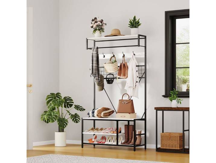 Arbre manteaux blanc marbré banc rangement chaussures 5en1 étagères réglables porte-manteaux 100cm crochets