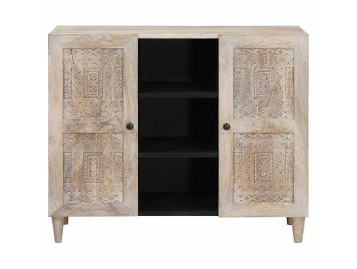 KTHLBRH Sideboard weiß gebleicht 90 x 33 x 75 cm Massives Mangoholz, geschnitzter Rahmen, 4 Einlegeböden, 2 Türen, einfache Montage