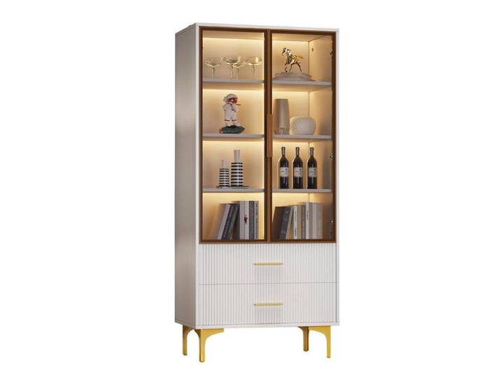 Vitrine en Verre LED à Deux Portes Armoire Élégante Meuble de Rangement avec 2 Tiroirs Pieds Dorés étagères Mobiles 70x35x150