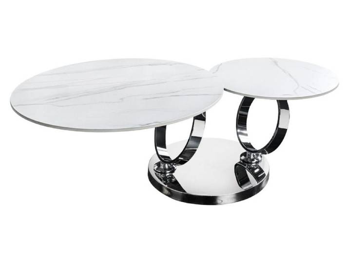 Table basse SOLYNE 133 cm blanche effet marbre avec plateaux rotatifs et structure argentée