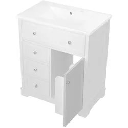 MODFU Bodenstehender Badezimmerschrank MDF Weiß 76x46x87 cm mit Keramikbecken, 4 Schubladen und Türfach