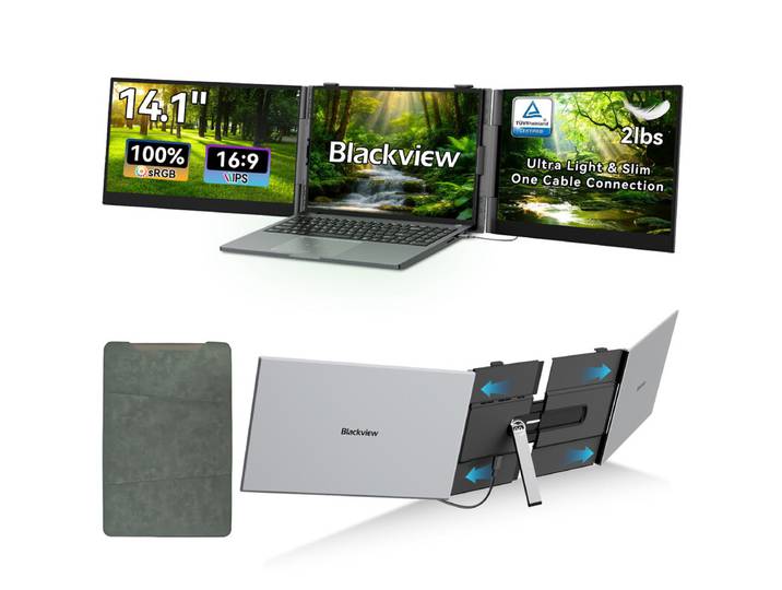 Blackview DCM6 PRO Moniteur Portable, Extenseur de PC Portable Double Écran 14 Pouces, Full HD, Moniteur de PC Portable Triple Écran, Compatible avec PC Portables 13-17,3 Pouces