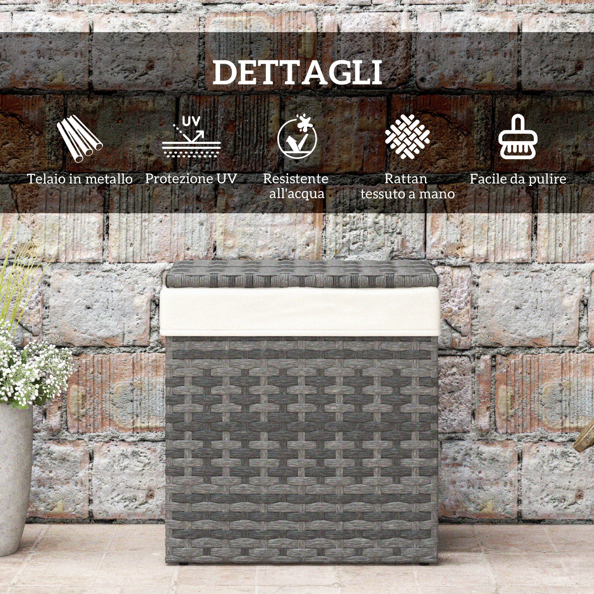 Altro Cesta Contenitore Da Giardino E Casa In Rattan Con Tessuto Interno, 57x34x62cm, Grigio