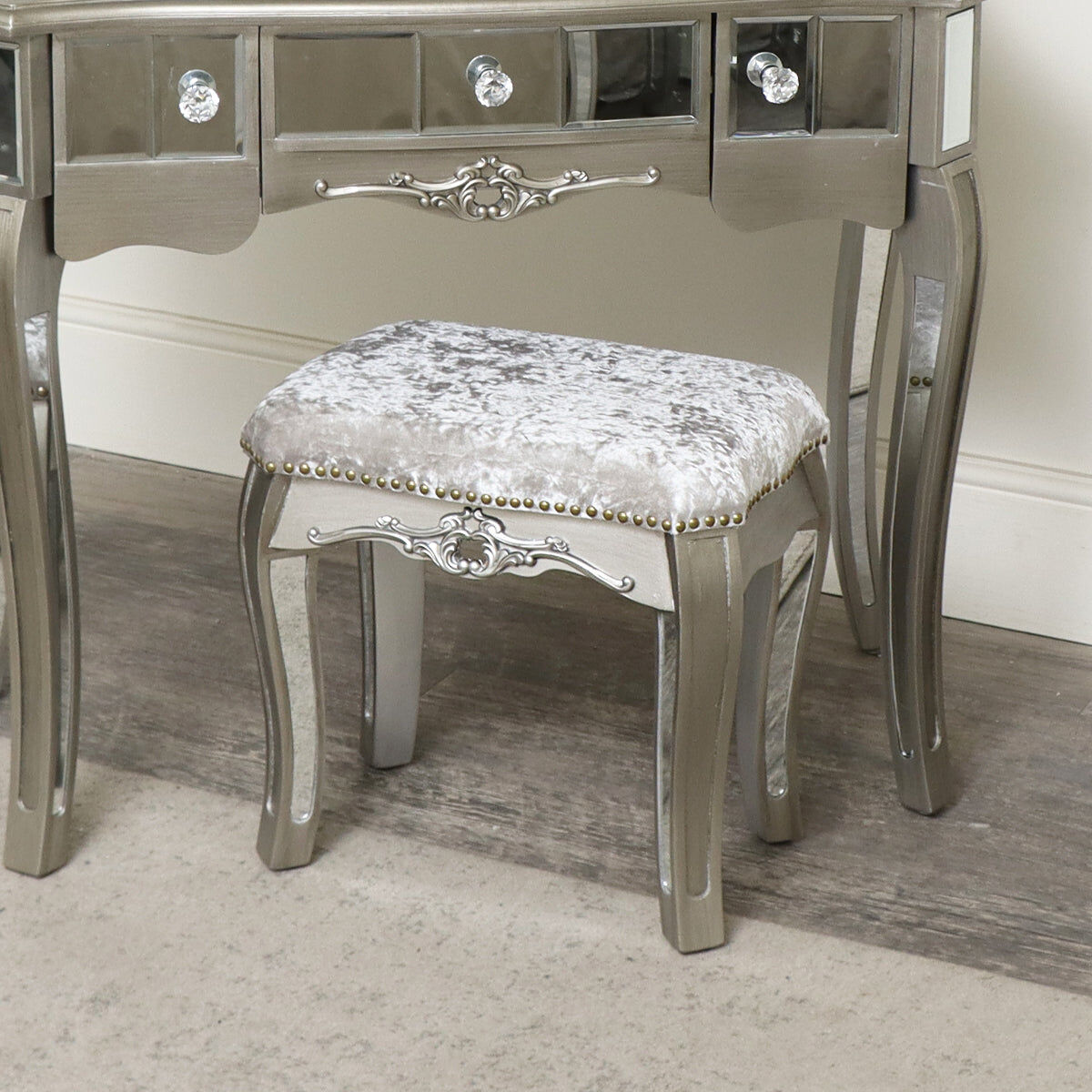 Ornate Mirrored 3 Drawer Dressing Table, Stool and Mirror Bedroom Furniture Set - Tiffany Range Wood, Glass