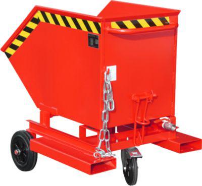 Späne-Kippbehälter Bauer SKW-ET 250, Stahl, rot, B 1115 x T 820 x H 990 mm, 250 l, bis 300 kg, Rollen, manuelles Kippen, mit Einfahrttaschen