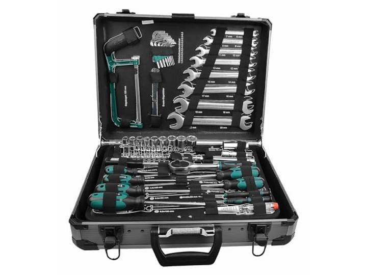 Brüder Mannesmann Alu-Werkzeugkoffer, 133-teilig - Werkzeugset mit Werkzeug aus Chrom-Vanadium-Stahl - inkl. Schraubendreher, Zangen, Gabelschlüsselsatz, Spannungsprüfer, Stecknüsse & Bits M29079