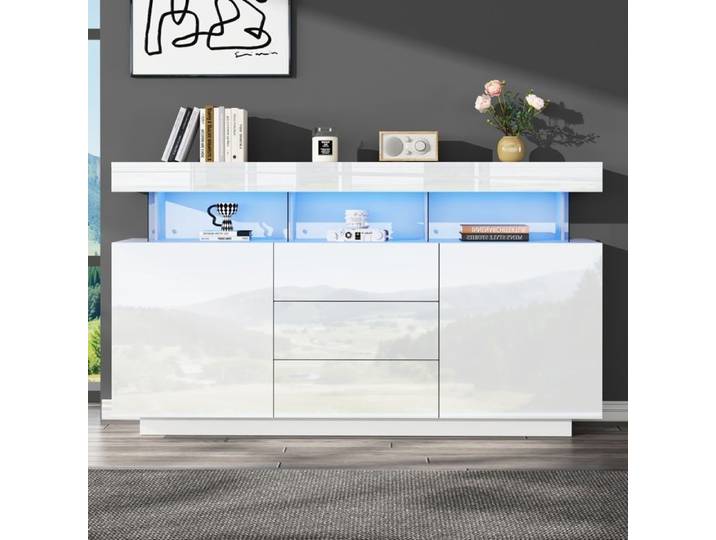 Buffet moderne 140x35x80cm buffet brillant meuble de salon avec bande lumineuse LED 16 couleurs panneaux de particules blanc