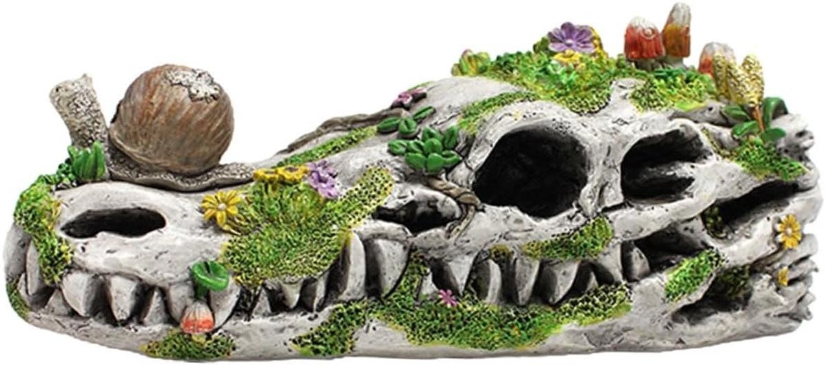 Realistische Dinosaurus schedel decoratie als tuinornament, Gekleurd, Hoogte: 18.5 cm