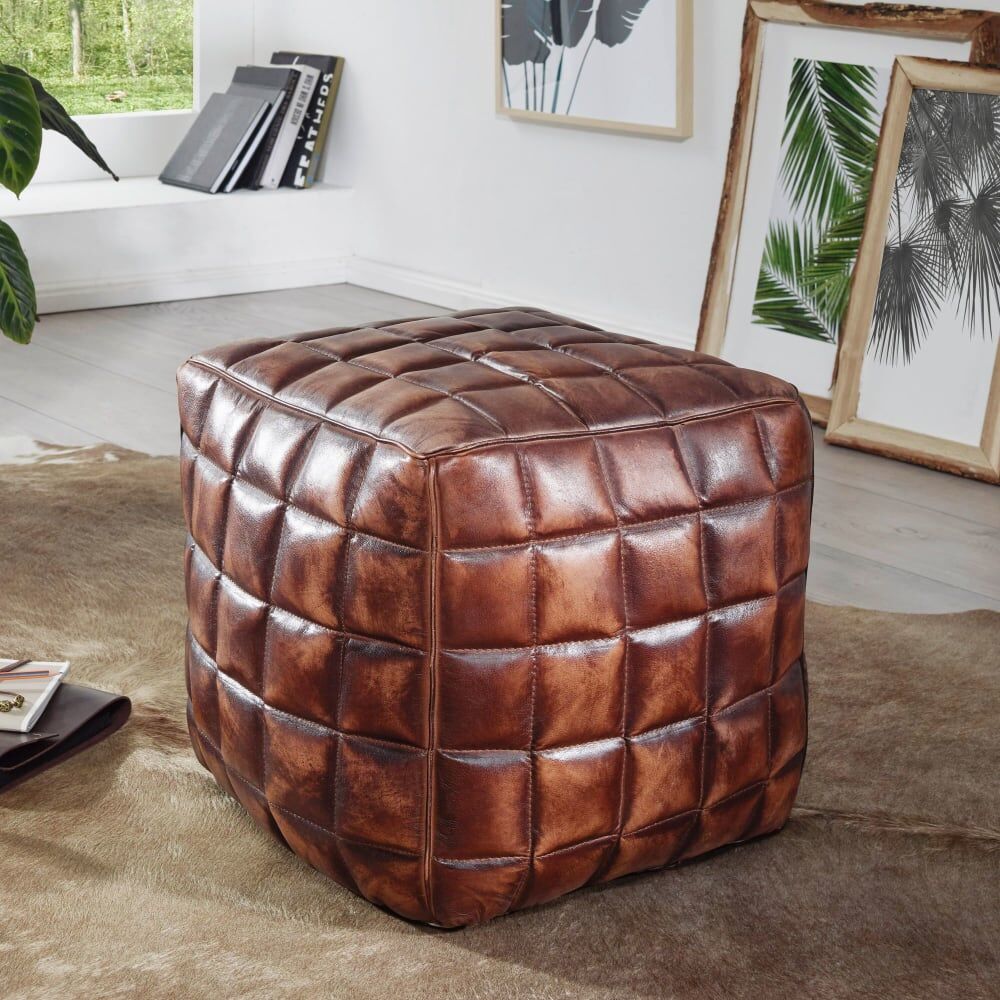 FineBuy Pouf cube en cuir véritable, marron Marron 39x41x39cm