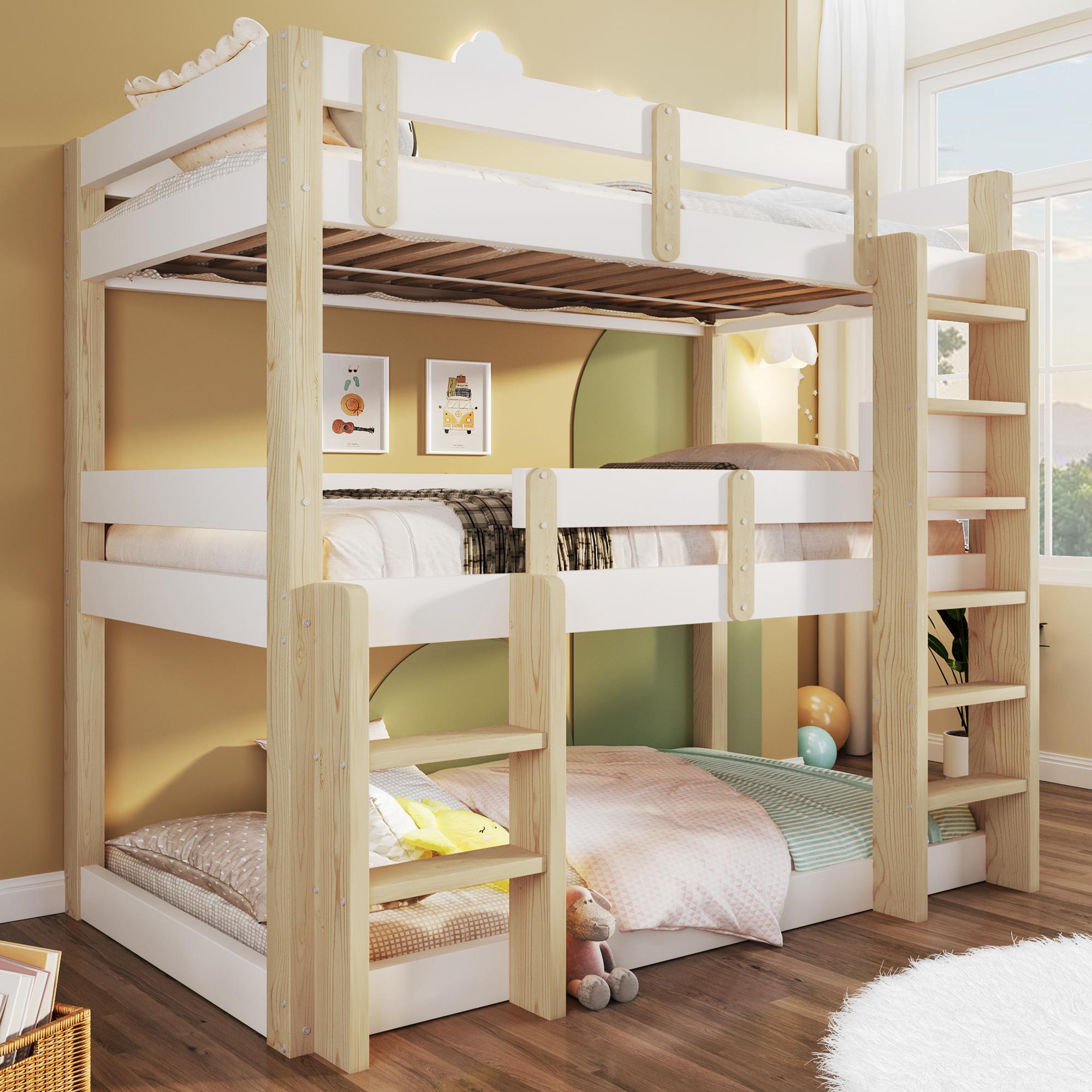 Dreifach-Etagenbett aus massivem Kiefernholz, stabiles Hochbett mit 3 Schlafplätzen & Sicherheitsgeländer, platzsparend, Weiß+Natur, 90x190cm