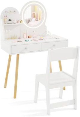 Costway Kids Princess Makeup Dressing Desk and Chair Set with Mirror and Lights-White