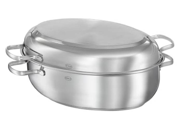 RÖSLE ELEGANCE Bräter oval, Multifunktionsdeckel mit Antihaftversiegelung ProPlex, Edelstahl 18/10, silberfarben/schwarz, PFOA frei, backofengeeignet, induktionsgeeignet