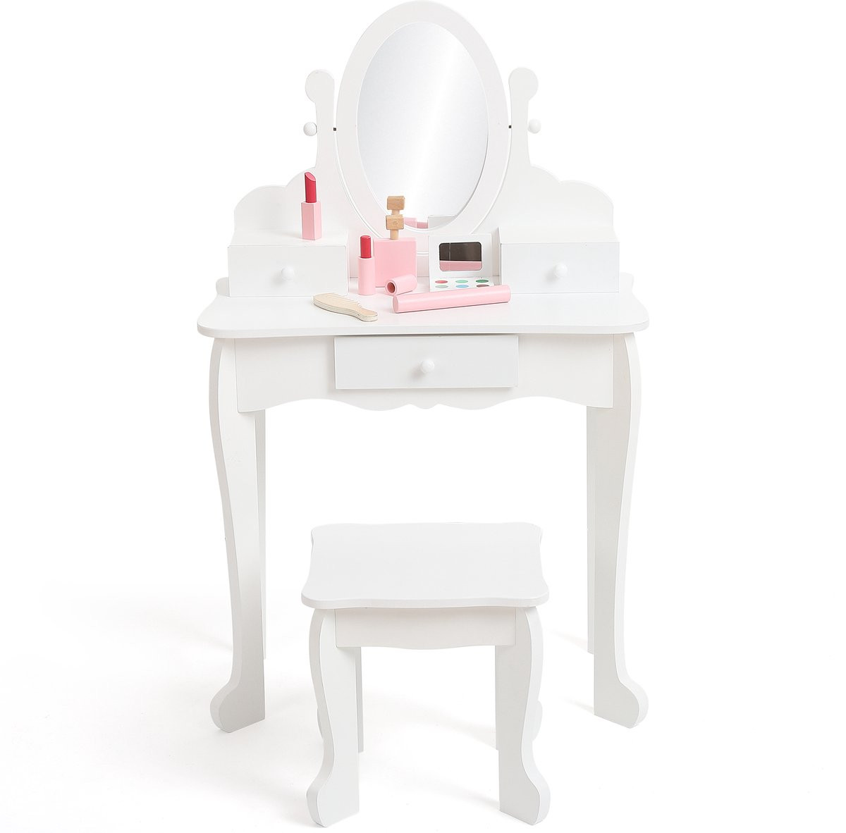 HOERFURIY Kinderkaptafel set met spiegel en kruk - Houten kaptafel voor meisjes - Wit