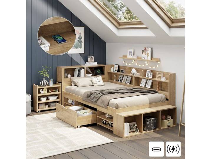 Lit enfant avec rangement multifonction tiroirs et étagères design naturel optimisation de l'espace chambre