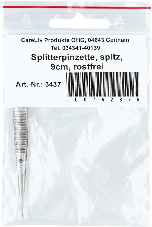 Careliv Produkte Pinzette Splitter spitz rostfrei 9 cm
