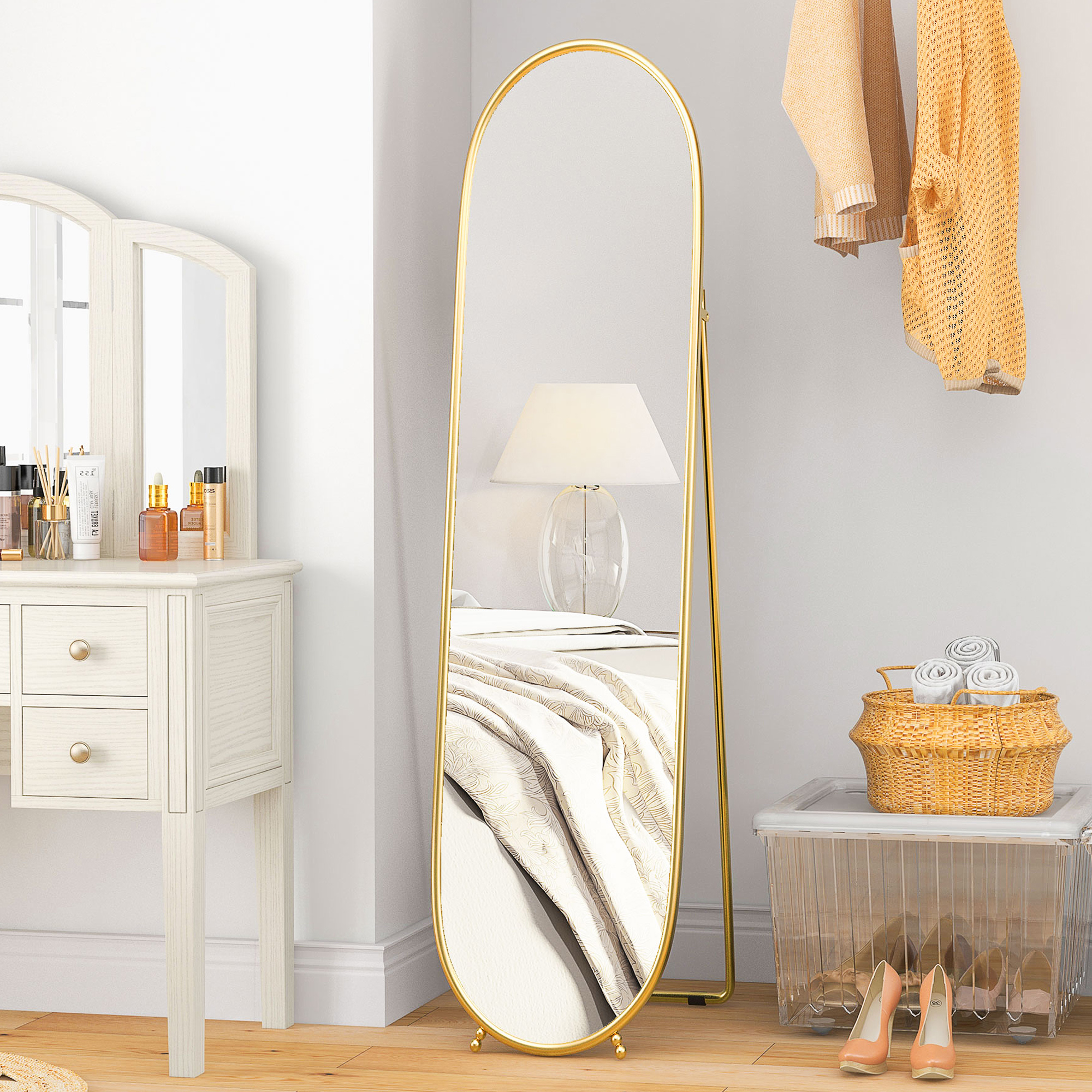 Homcom Specchio Verticale Ovale da Terra o a Parete con Supporto, in Vetro e Metallo, 40x41x159 cm, Tonalità Oro