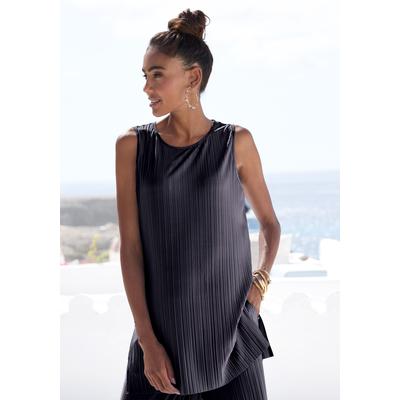 Longtop LASCANA "aus schimmernder Ware mit Plisseefalten", Damen, Gr. 36/38, blau (schwarz), Jersey, Obermaterial: 94% Polyester, 6% Elasthan, unifarben, figurumspielend hüftbedeckend, Rundhals, Tops, langes Plisseetop, figurumspielendes Partytop,...