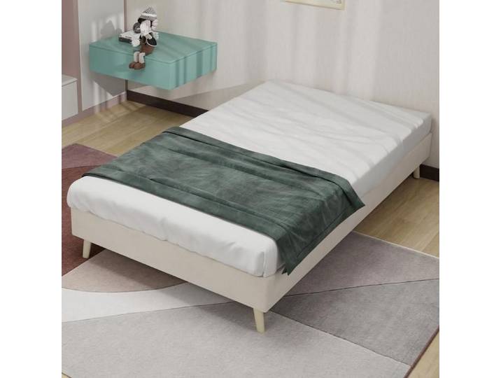 Lit plateforme - KOMHTOM - 90x200 Velours hollandais - Coffre hydraulique - Sommier à lattes - Beige