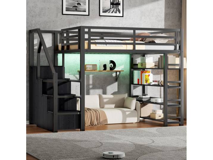 lit adulte mezzanine 140x200 rangement escalier LED métal noir espace travail chambre adulte EVRYAE