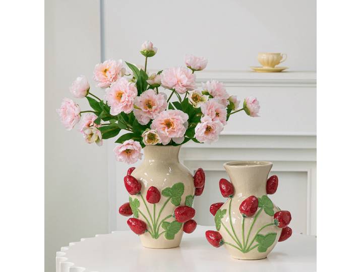 Vase en céramique gaufré motif fraise, objet décoratif pour chambre d'enfant, accessoire floral, pot à fruits, pot de fleurs, accessoires de décoration intérieure