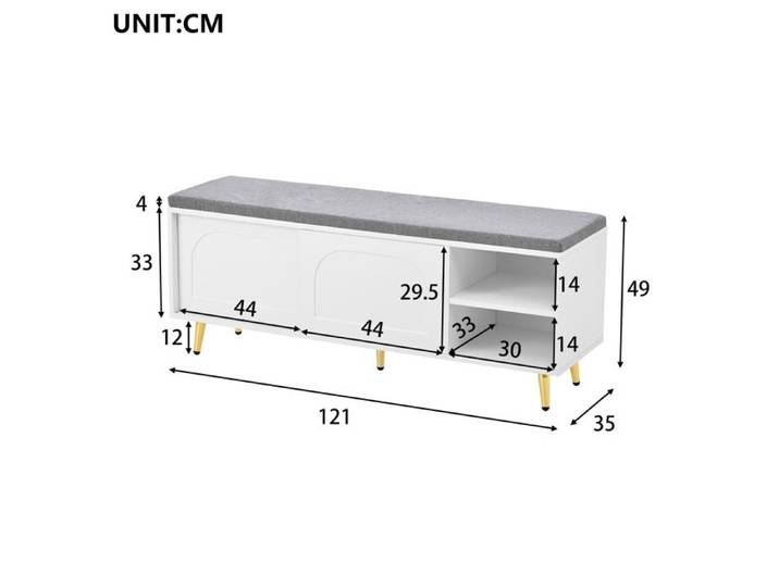 Meuble a chaussures avec banc 121 x 35 x 49 cm rangement 2 portes et etageres ouvertes coussin d'assise blanc ORVRYN