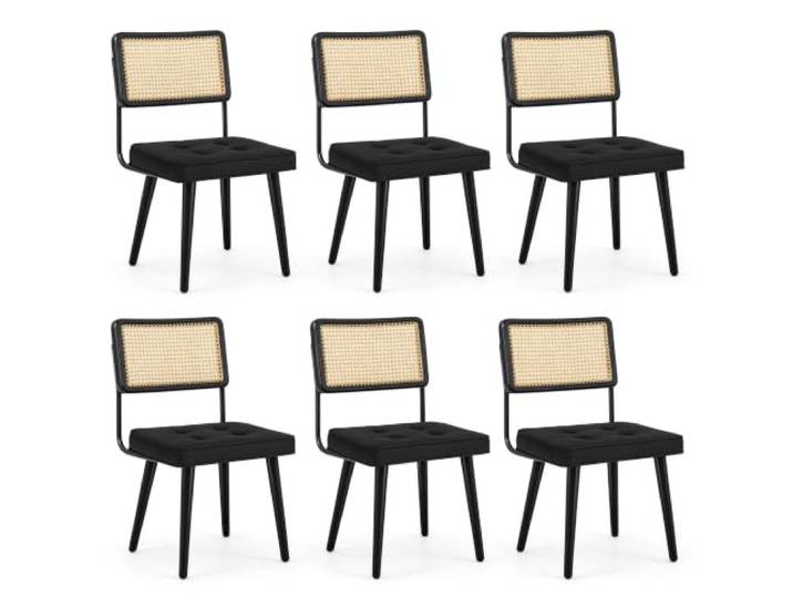 GarveeHome 6er-Set Rattan Esszimmerstühle Mit Geschwungener Holzrückenlehne Schwarzem Samtsitz