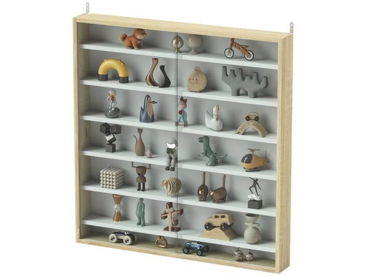 Vitrine murale pour collection avec 6 étagères et 2 portes vitrées chêne
