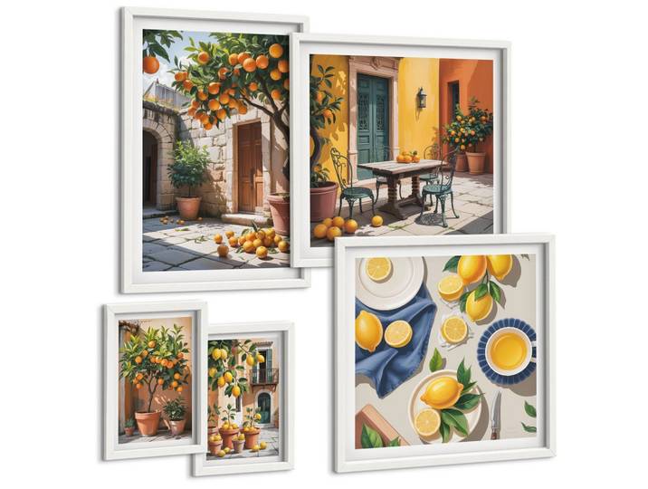 BILDER SET 5er Set - 50x50 cm & 20x30 cm & 40x60 cm Weißer Rahmen - Zitrusgarten in der Sonne