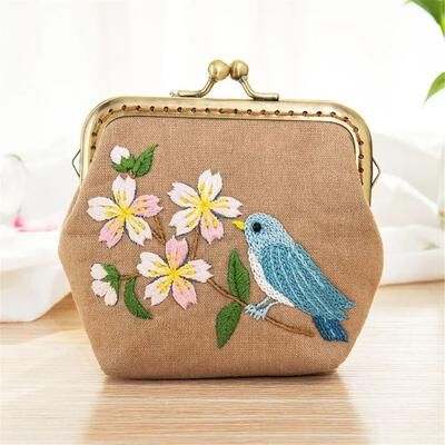 Uplifted Goods Handmade Flowers And Bird Embroidered DIY Coin Purse Kit c