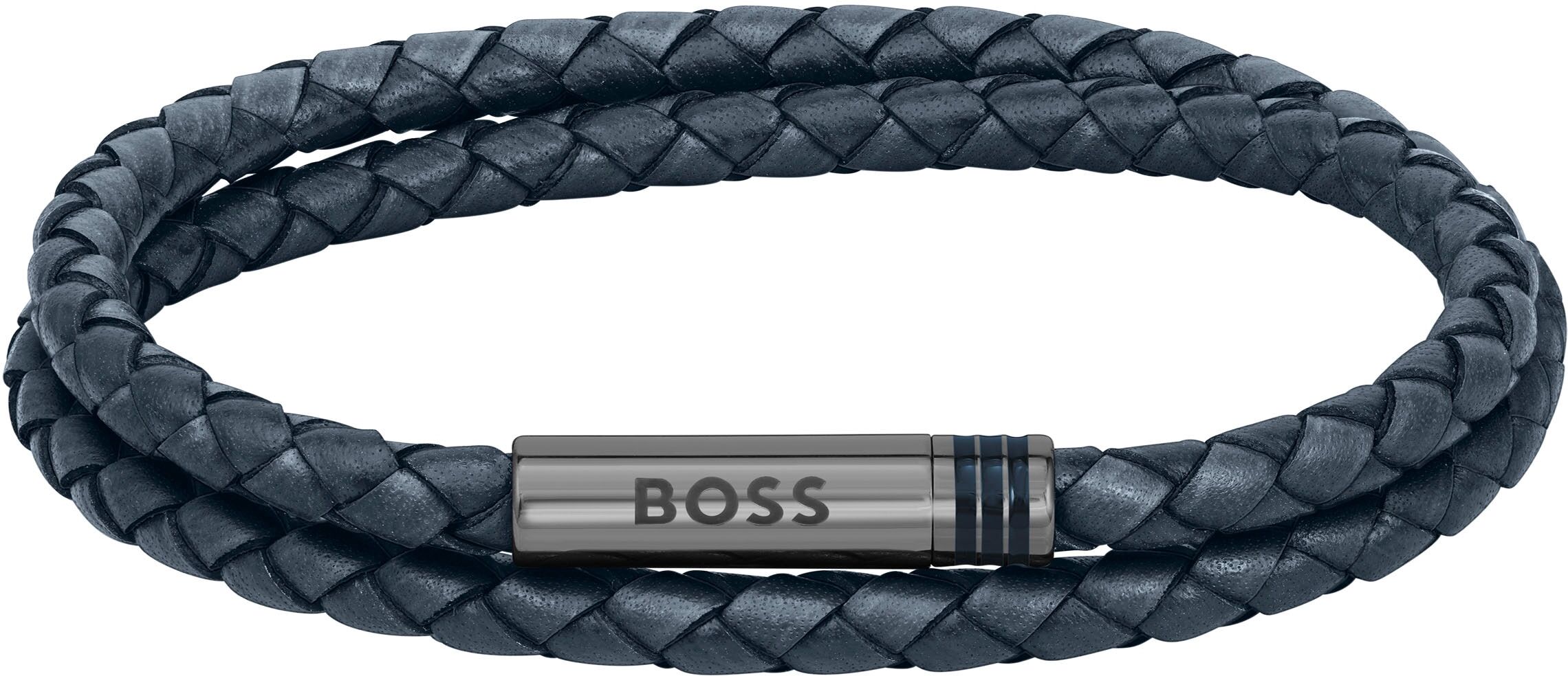 Armband BOSS "Schmuck Edelstahl Lederarmband Wickelarmband ARES" Gr. M, blau (blau, grau), Armbänder, Damen, M, Edelstahl Leder, Edelstahl, Leder, Armband blau, grau M, Edelstahl Leder