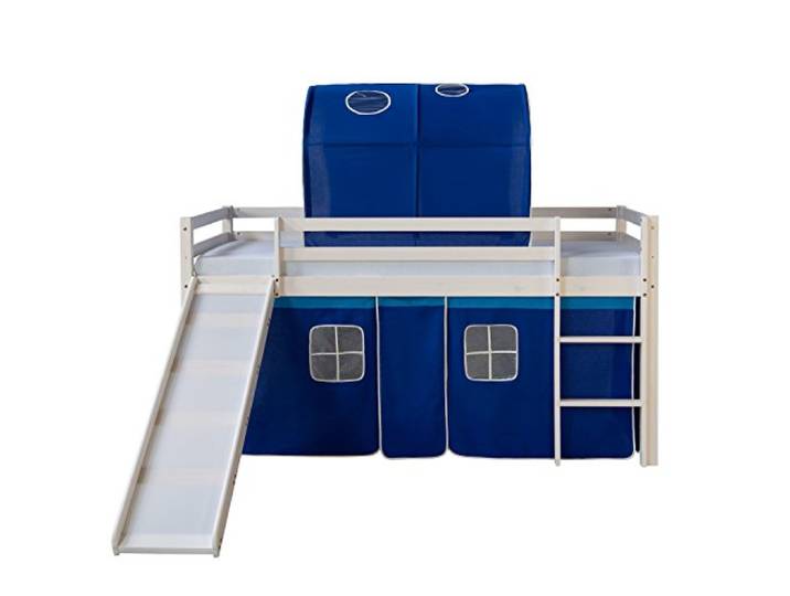 Homestyle4u 1568 Kinderbett 90x200 Weiß - Hochbett mit Rutsche & Leiter Bettgestell aus Kiefer Massivholz, inkl. blauem Vorhang & Tunnel, Spielbett mit Rausfallschutz für Kinderzimmer
