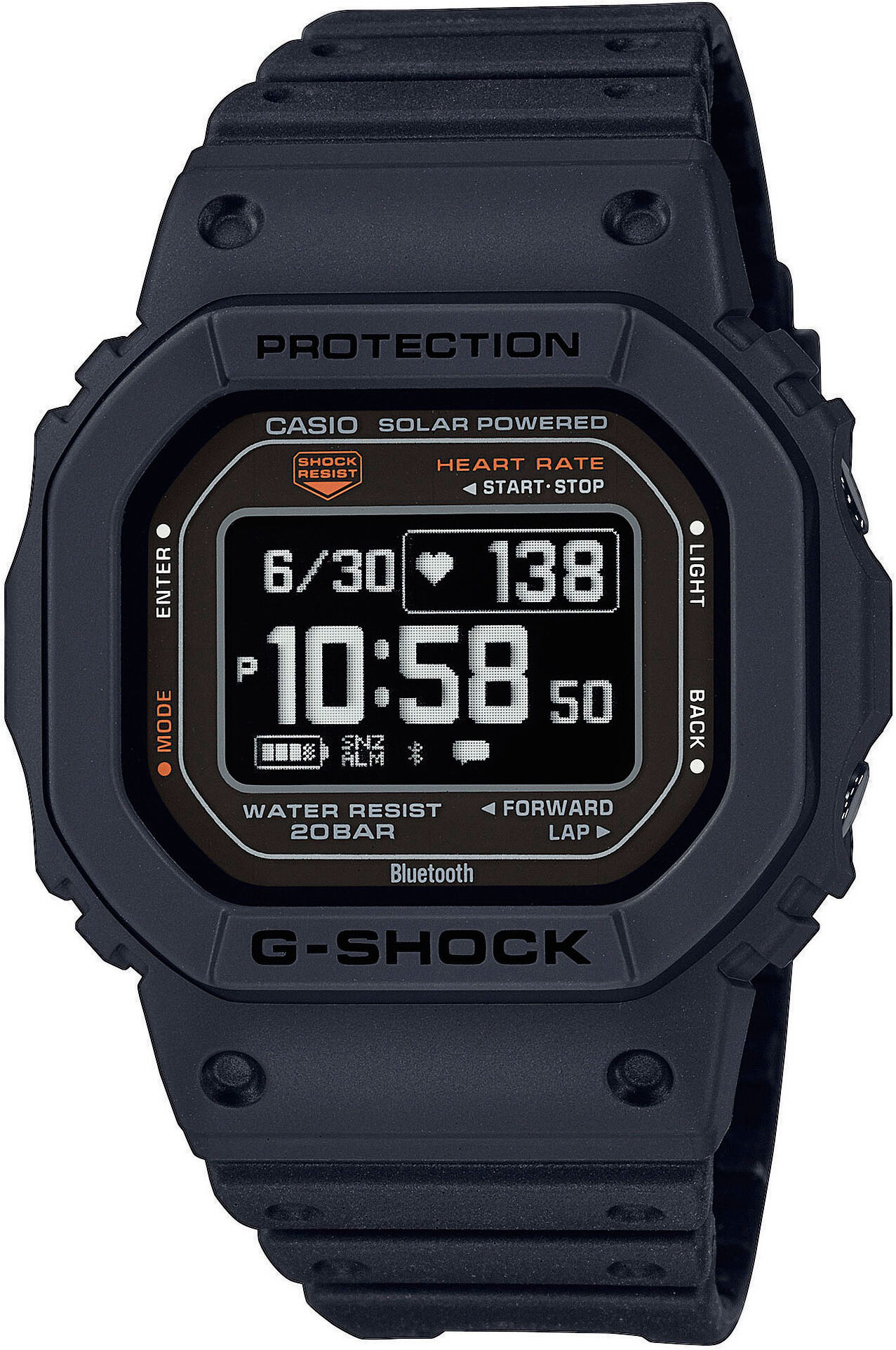 Smartwatch CASIO G-SHOCK "DW-H5600", schwarz (schwarz, orange, schwarz), Smartwatches, Herren, Smartwatch, Solaruhr, Armbanduhr, Herrenuhr, Stoppfunktion,Herzfrequenzmesser